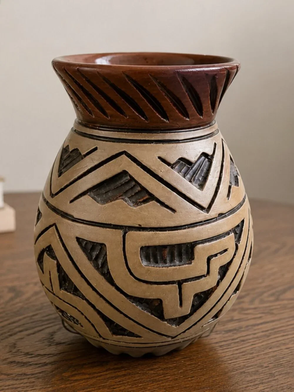 Hand Carved Mexican Redware Pottery Vase Tribal Marajoara Style Boho Decor